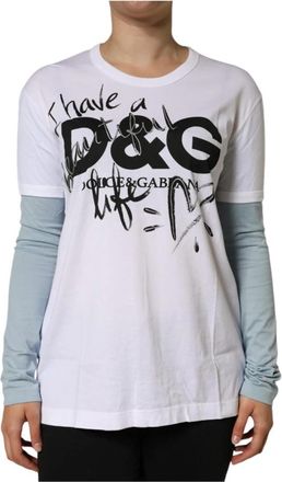 Dolce & Gabbana Wit Logo Print Katoenen T-shirt - Dames - Longsleeves - Wit - M - Katoen - Tops