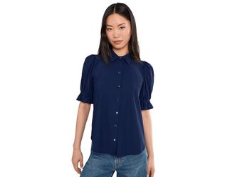 Liverpool L.A. Elbow Puff Sleeve Snap Front Knit Shirt Womens Clothing Navy Ink : SM, Nylon