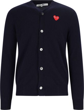 Comme Des Gar&ccedil;ons V-Neck Red Heart Patch Blue Wool Cardigan