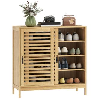 OEM Zapatero Con 2 Puertas Correderas De Lamas Estantes Ajustables Para 16 Pares De Zapatos 80x35x80 Cm Natural