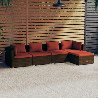 vidaXL Set Sof&aacute;s De Jard&iacute;n 5 Piezas Y Cojines Rat&aacute;n Sint&eacute;tico Marr&oacute;n Vidaxl