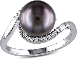 Amour 1/10 CT TW Diamond and 9 - 9.5 Mm Black Tahitian Pearl Curlicue Ring In Sterling Silver