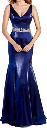 Alyce Paris Shimmer Satin Mermaid Gown In Navy