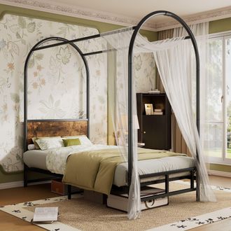 Matteo Metal Bed, 3FT Single Bed Durable & Sturdy, Canopy Twin Bed in Black | Size: Single Fitted