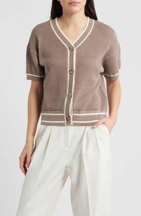 Bernardo Short Sleeve Basketweave Cardigan in Gardenia/Goat at Nordstrom, Size X-Small