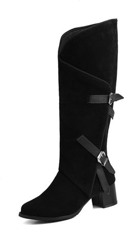 Generic Womens Faux Suede Knee High Boots with Buckle Block Heel Long Boots with Side Zipper Round Toe Western Cowboy Boot,Black,8.5 UK