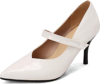 Generic Womens Stiletto High Heel Dress Pumps Pointed Toe PU Leather Mary Janes Slip on Party Prom Shoes,White,8.5 UK