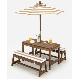 Costway Juego De Mesa Y 2 Bancos De Madera Con Cojines Y Sombrilla, Mesa De Picnic Para Ni&ntilde;os Con Sombrilla, Set De Mesa Y Silla Para Actividades Interiores Y