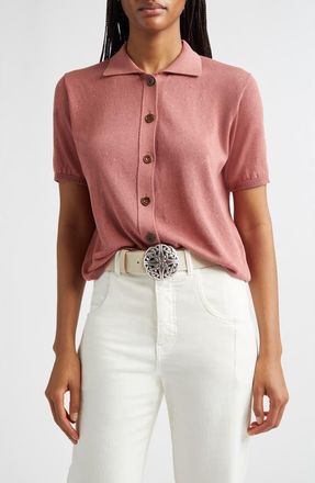 Eleventy Micro Sequin Silk & Cotton Polo in Raspberry at Nordstrom, Size Medium