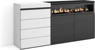 Skraut Home C&oacute;moda efecto madera blanco y negro 157x35x75cm chimenea efecto fuego