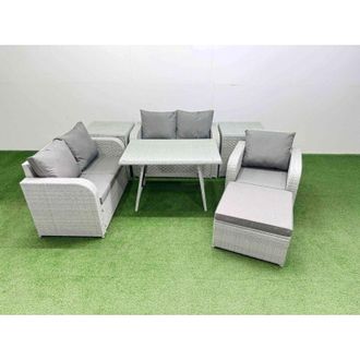 Fimous 6 Seater Outdoor Rattan Garden Furniture Set Love Sofa Reclining Chair Set with Rectangular Dining Table 2 Side Tables Big Footstool Light Grey