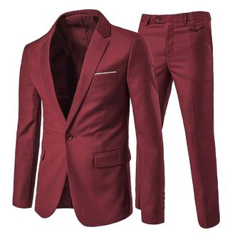 AlltheMen Mens Suits 2 Piece Slim Fit Wedding Dress Suit One Button Business Suit Blazer Jackets Trousers Wine Red L