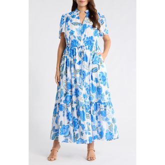 Sugarlips Samian Kissa Floral Button-Up Maxi Dress in White-Blue-Green at Nordstrom, Size 1X