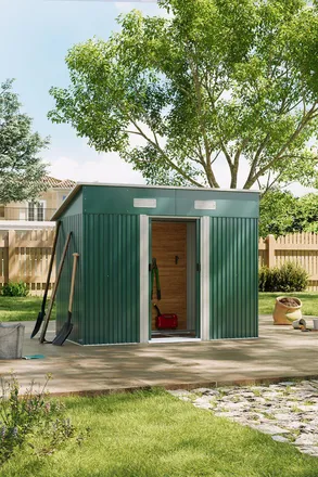 Living and Home Outdoor Metal Garden Storage Shed, 8 x 4 ft Galvanized Steel Tool Shed w/ Double Sliding Doors, Ventilated Weatherproof Design, Dark