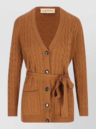 Valentino long knit cardigan cable pattern waist belt