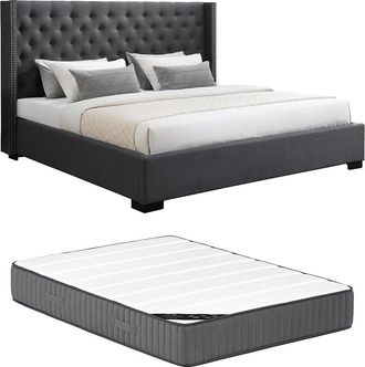 Vente-Unique Cama de 200 x 200 cm con cabecero capiton&eacute; - Tela - Gris + Colch&oacute;n - MASSIMO