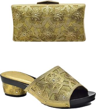 Generic Womens Shoes and Bag Set Sparkly Rhinestone Flowers Handbag Shiny Elegant Slip On Sandals for Evening Party Wedding