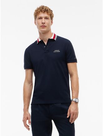 Tommy Hilfiger Mens Regular Fit Striped Collar Pique Polo - Navy Blue - XXL