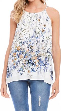 Karen Kane Bria Border Print Top In White With Blues And Yellow