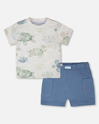 Deux par Deux Jersey T-Shirt and Organic Cotton Turtle Print Jersey Shorts Set in Grey Mix Turtle & Medium Blue at Nordstrom, Size 18M
