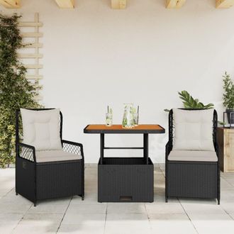 vidaXL Set Comedor De Jard&iacute;n 3 Pzas Con Cojines Rat&aacute;n Sint&eacute;tico Negro Vidaxl