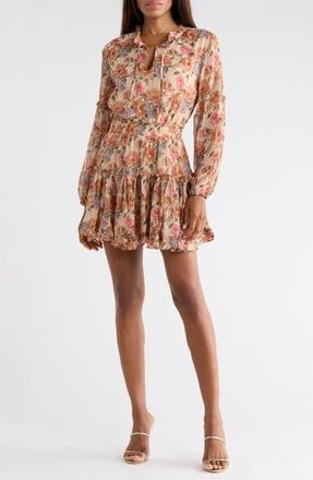 Lulus Zoe Long Sleeve Chiffon Minidress in Taupe/Orange Floral at Nordstrom Rack, Size X-Large