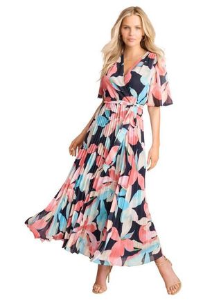 Roaman's Pleated Faux Wrap Dress in Navy Floral at Nordstrom, Size 14