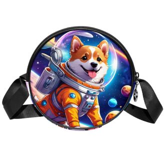 Generic Circle Crossbody Bag for Women, Dog Space Small Sling Bag Daypack with Zipper Adjustable Shoulder Straps Casual Ladies Girls Round Purse