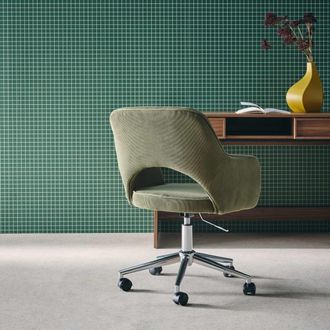 Sweeek Silla de oficina de pana fina con ruedas y base cromada, verde kaki