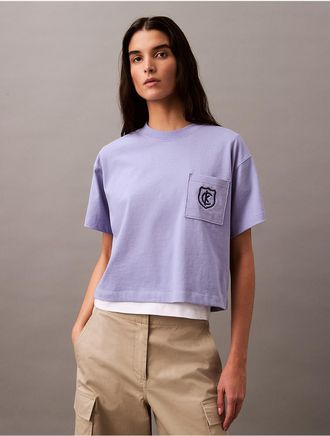 Calvin Klein Jeans Calvin Klein Womens Monogram Logo Crest Graphic Boxy T-Shirt - Purple - XS
