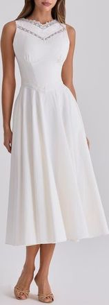 House of CB Scarlett Lace Trim Stretch Cotton Midi Cocktail Dress in White at Nordstrom, Size X-Small