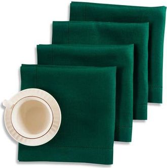 Solino Home Linen Dinner Napkins Set of 4, 20 x 20 Inch for Dining Table, Holiday and Everyday Table Decor - Medium Weight Hemstitch in Evergreen at