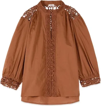 Oltre Overhemden, Dames, Bruin, XL, Katoen, Katoenen Blouse met Macram&eacute; Details