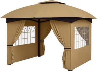OUTSUNNY Gazebo Da Giardino 3.4x3.4m Con Tetto A 2 Livelli E Pareti Beige - Outsunny