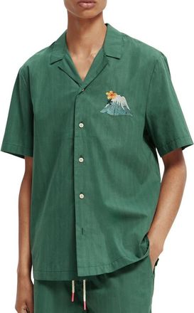 Scotch & Soda Sakura Embroidered Short Sleeve Button Up Shirt in 360-Military at Nordstrom Rack, Size X-Large