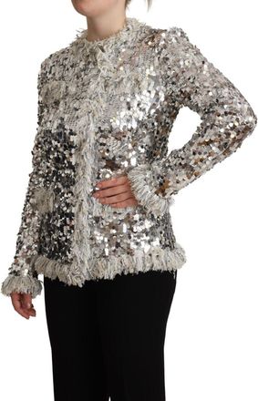 Dolce & Gabbana Womens Silver Sequined Shearling Long Sleeves Jacket Nylon Clothing