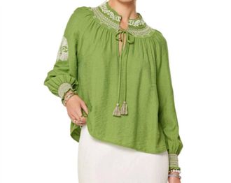 Current Air Bohemien V-Neck Top With Tassel In Olive