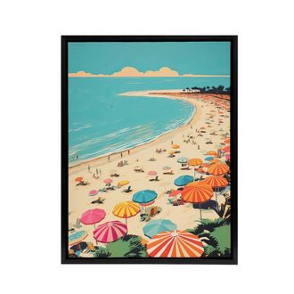 Artery8 Sea Cove Busy Beach Coastal Landscape Framed Canvas Wall Art Print in Blue | Size: W24 x H32
