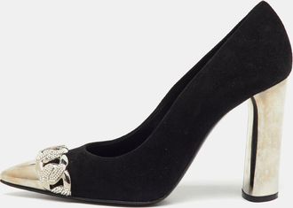 Casadei Black Suede Pointed Toe Crystal Chain Link Pumps