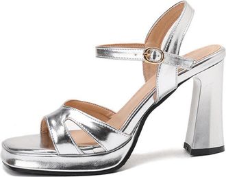 Generic Womens Block Heel Platform Dress Pumps Square Open Toe Slingback Party Prom Sandals Patent Leather Wedding Bridal Shoes,Silver,7.5 UK