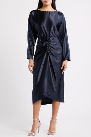Julia Jordan Long Sleeve Satin Cocktail Midi Dress in Navy at Nordstrom Rack, Size 4