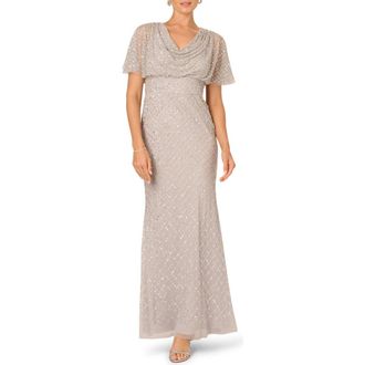 Adrianna Papell Beaded Cowl Neck Evening Gown in Crystal Silver at Nordstrom, Size 18
