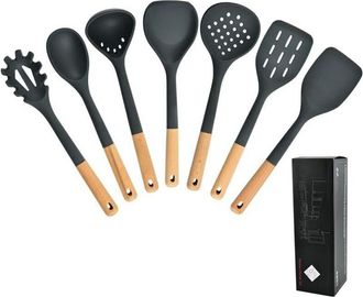 OEM Utensilios De Cocina De Silicona Con Mangos De Madera, Juego De 7 Piezas: Esp&aacute;tula, Espumadera Y Esp&aacute;tula Para Fre&iacute;r