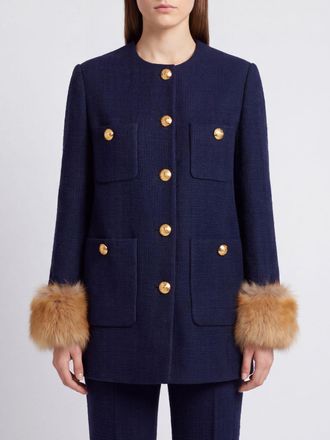 Valentino Garavani Cappotto monopetto in tweed di lana con polsi in pelliccia