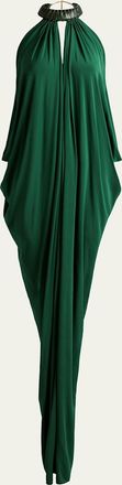 Silvia Tcherassi Niagara Draped Leather-Trim Halter Maxi Dress