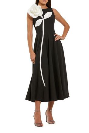 Mac Duggal Crepe A Line Midi Dress with 3D Flower in Black Ivory at Nordstrom, Size 14