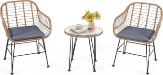 Costway Conjunto De Bistro De Conversaci&oacute;n De Patio De 3 Piezas, Muebles De Mimbre Al Aire Libre Con Mesa Redonda De Vidrio Templado, 2 Sillones & Cojines, Ad