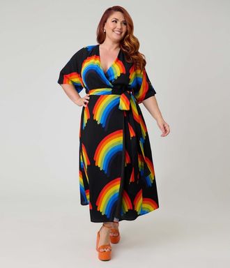 Unique Vintage Plus Size Tie Wrap Surplice Midi Dress in Black W/Rainbow Print at Nordstrom, Size 5X