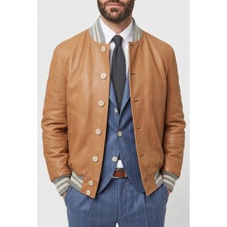 Brunello Cucinelli Brown Leather Bomber Jacket, Size Medium