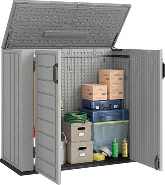 OUTSUNNY Armario De Exterior De Hdpe, 940l, Caseta De Jard&iacute;n Exterior Con Tapa Abatible, 2 Puertas, Cerradura, Cobertizo De Jard&iacute;n, 142x67x119cm, Gris